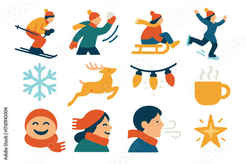 Winter Energy flat icons: skiing motion, snowball toss, sleigh rush, ice dance, glowing snowflake, reindeer gallop, festive lights, warm steam, joyful smile, scarf flutter, snowy