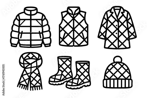 Quilted Clothing outline icon set: puffer jacket, vest, coat, scarf, boots, hat.