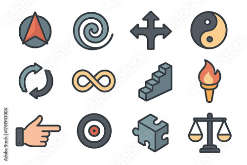 Symbolic direction set icons in modern isometric flat vector style: north arrow, spiral, crossroads, yin yang, cycle arrows, infinity loop, stairs upward, torch flame, guiding hand