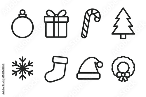 Christmas App Elements outline icon set: ornament icon, gift box icon, candy cane icon, Christmas tree icon, snowflake icon, stocking icon, Santa hat icon, wreath icon.