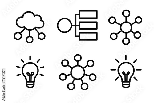 Creative Mapping outline icon set: mind map, flow diagram, idea cloud, node connection, sketch icon, innovation spark.
