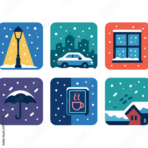 Snowfall Variations Urban Scene flat icons: lamppost glow, city skyline, snow-covered car, window frost, footprints on pavement, umbrella silhouette, neon sign, rooftop snow.