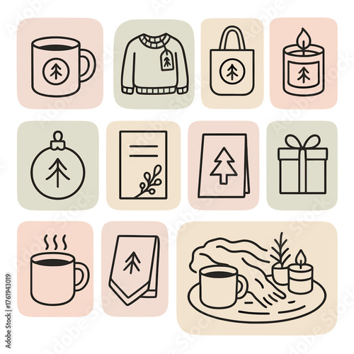 Holiday Branding Lifestyle — Soft Pastel Icons outline icon set: mug with logo, sweater tag, tote bag, candle label, ornament print, menu design, card display, wrapped gift,