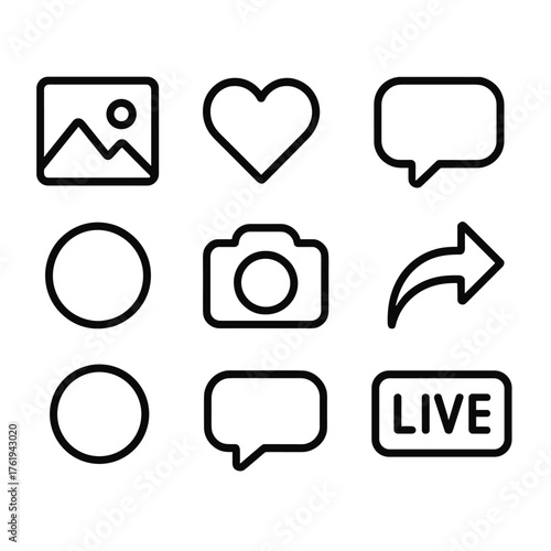 Social Media outline icon set: post card, like button, comment icon, share feature, story circle, camera icon, chat bubble, live icon.