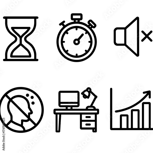 Focus & Efficiency outline icon set: hourglass, stopwatch, mute icon, distraction blocker, desk setup, productivity chart.