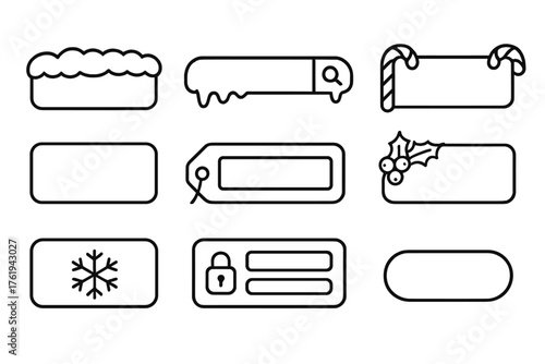 Holiday Input Fields outline icon set: snowy text box, frosted search bar, gift tag input, candy cane border field, snowflake placeholder, glowing login box, holly-accented form,