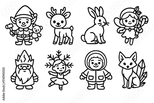 North Pole Companions outline icon set: toy maker elf, reindeer calf, snow hare, candy cane sprite, icy gnome, snowflake dancer, polar explorer, crystal fox.