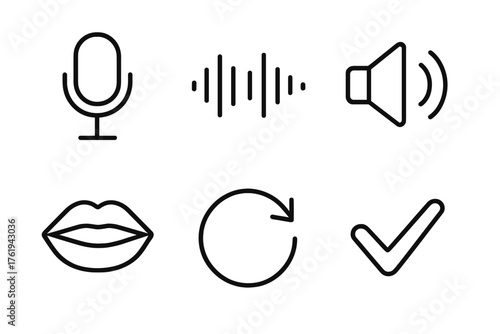 Pronunciation Training outline icon set: microphone icon, waveform, sound symbol, mouth illustration, repeat arrow, checkmark.