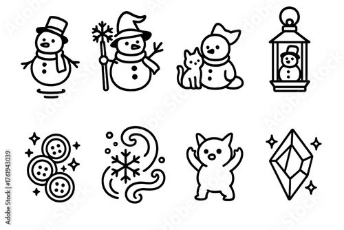 Magical Snowmen outline icon set: levitating snowman, frost guardian, snowy familiar, magical lantern, enchanted buttons, misty snow swirl, snow imp, frozen gem.