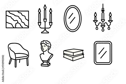 Elegant Interiors outline icon set: marble surface, gold accent, candle holder, mirror, curved chair, chandelier, sculpture, book stack.