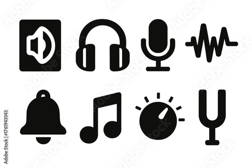 Sound silhouette set: speaker, headphones, microphone, soundwave, bell, music note, volume knob, tuning fork.