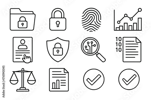Data Ethics outline icon set: secure file, lock icon, fingerprint, data stream, chart line, consent form, privacy shield, magnifier, digital paper, scales of justice, report page,