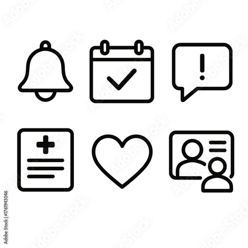 Follow-Up Care outline icon set: reminder bell, calendar check, message alert, health report, heart symbol, consultation summary.