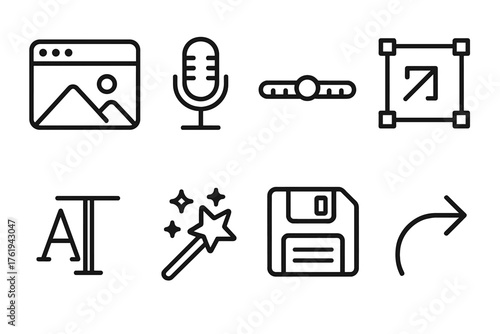 Digital Media Tools outline icon set: photo editor, microphone, timeline slider, design canvas, font picker, filter wand, save icon, share arrow.