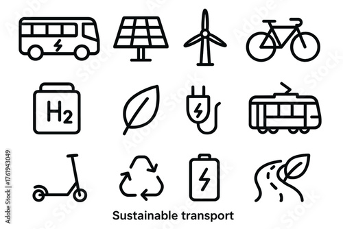 Sustainable Transport outline icon set: electric bus, solar panel, wind turbine, bike, hydrogen fuel cell, green leaf, EV charging plug, tram, shared scooter, recycling symbol,