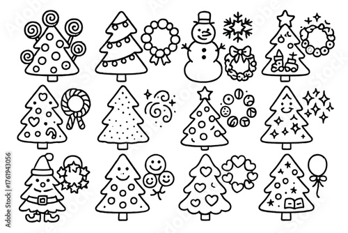 Whimsical Tree and Wreath Pairings outline icon set: candy tree with lollipop wreath, rainbow light tree with pompom wreath, snowman tree with felt snowflake wreath, toy-themed