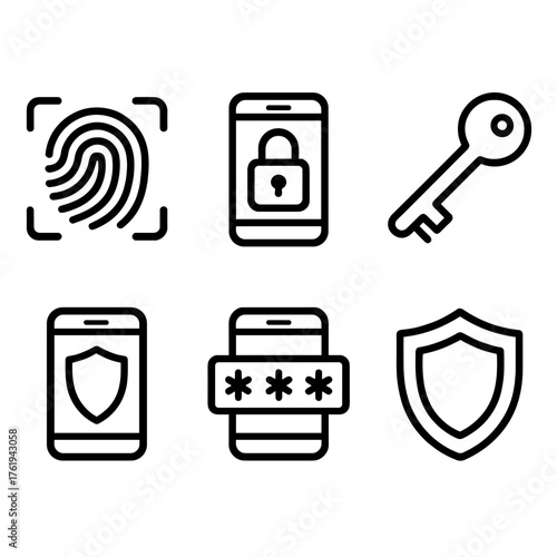 Mobile Security outline icon set: fingerprint scan, padlock, encryption key, secure phone, shield badge, authentication code.