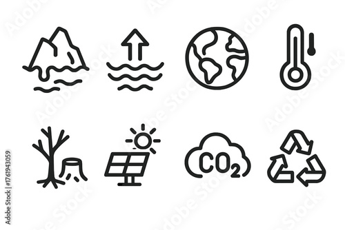 Climate Change outline icon set: melting glacier, rising sea level, earth globe, thermometer, deforestation tree, solar panel, carbon cloud, recycling symbol.
