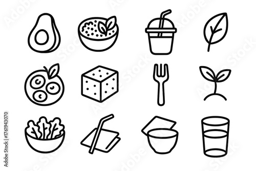 Vegan Food Presentation outline icon set: avocado, quinoa bowl, smoothie cup, leaf garnish, fruit plate, tofu cube, eco fork, plant sprout, salad bowl, reusable straw, green napkin