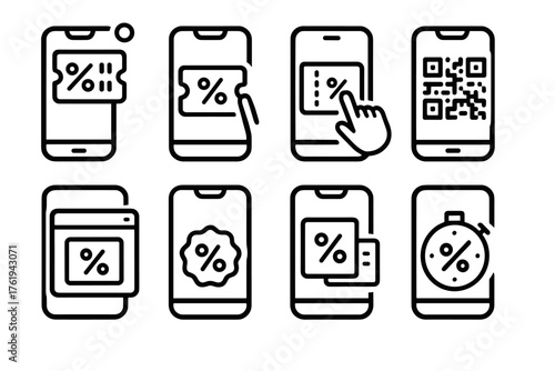 Mobile Discounts outline icon set: in-app coupon alert, notification banner, swipe-to-redeem card, QR discount code, promo overlay window, cashback badge, dynamic deal feed, offer