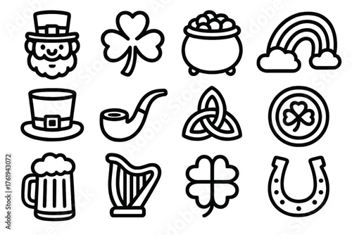 St. Patrick’s Day Mascots outline icon set: Leprechaun, shamrock, pot of gold, rainbow, green hat, pipe, Celtic knot, gold coin, beer mug, harp, four-leaf clover, horseshoe.