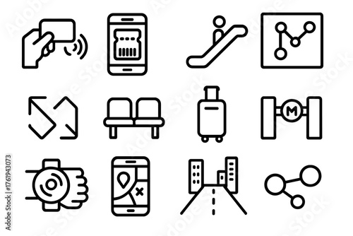 Seamless Commuting outline icon set: tap card, digital ticket, escalator, route map, transfer icon, waiting bench, luggage bag, metro gate, smartwatch tracker, app screen, city