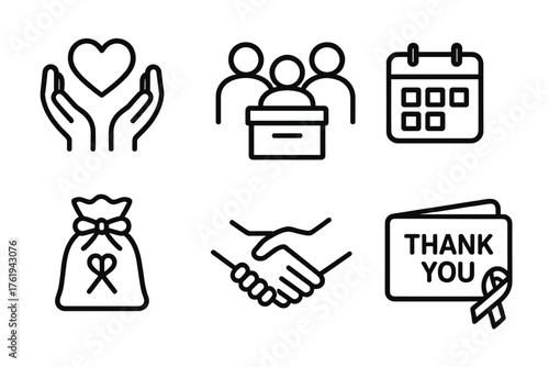 Community Giving outline icon set: heart hands, donation box, volunteer group, calendar icon, gift bag, handshake, thank-you card, ribbon symbol.