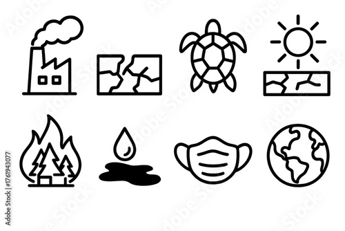 Environmental Impact outline icon set: factory smoke, cracked earth, endangered animal, drought sun, wildfire flame, oil spill, pollution mask, globe icon.