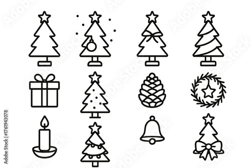 Mini Christmas Trees outline icon set: small pine tree, tiny star topper, mini ornament, ribbon bow, snow dust, gift box, tinsel wrap, tabletop stand, pinecone, garland loop,