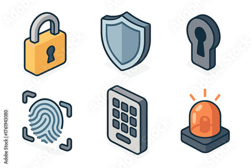 Security credential scan set icons in modern isometric flat vector style: lock, shield, keyhole, biometric scanner, keypad, alarm.