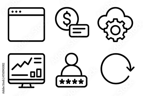 Software as a Service outline icon set: app window, subscription icon, cloud gear, dashboard screen, user login, update arrow.