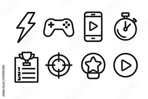 Arcade Action outline icon set: lightning bolt, gamepad, smartphone screen, timer, leaderboard, target icon, power-up symbol, play button.