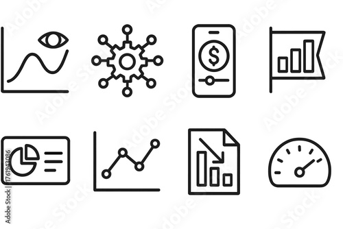 Smart Budgeting Tools outline icon set: predictive analytics graph, machine learning optimizer, automated savings feature, goal-based budgeting bar, category insights card, trend