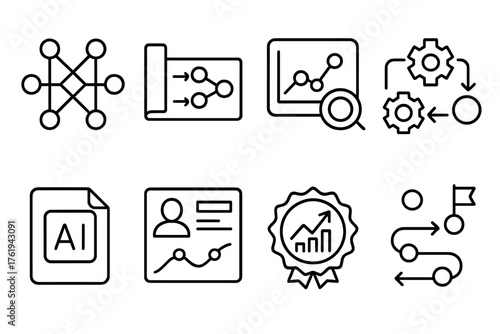 AI Pitch Decks outline icon set: neural network graphic, machine learning model slide, data analytics chart, automation workflow icon, AI-powered solution card, user insight