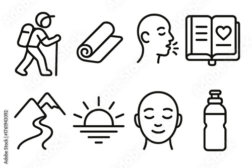 Wellness Journeys outline icon set: hiker icon, yoga mat, mindful breathing, health journal, mountain path, sunrise glow, calm face, water bottle.