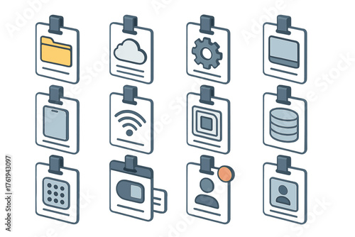 Security Badge UI set icons in modern isometric flat vector style: badge icon with folder, badge with cloud, badge with settings gear, digital badge, badge with smartphone, NFC