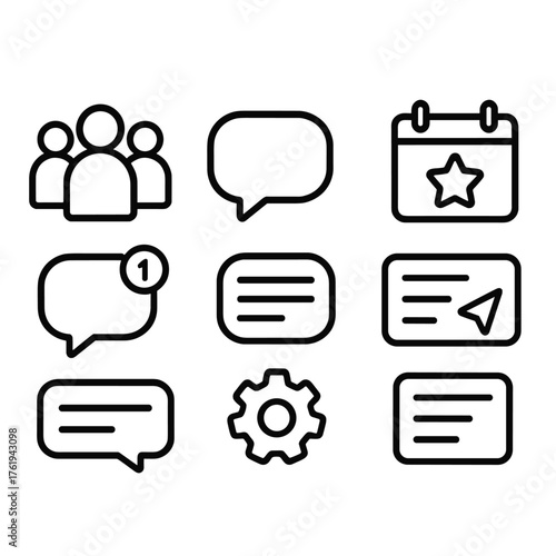 Community Chatroom outline icon set: multiple avatars, discussion bubble, topic tag, event icon, unread badge, text input bar, group settings, chat history.