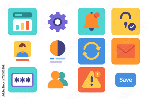Web App Settings UI flat icons: dashboard screen, gear icon, notification control, privacy settings, profile card, theme selector, system update, email preference, password field,