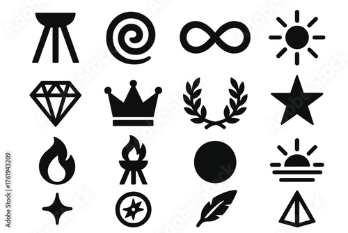 Symbolic Tripod silhouette set: three-legged stand, spiral, infinity loop, radiant aura, diamond, crown, laurel wreath, star, flame, torch, circle, sunrise, glowing spark, compass,
