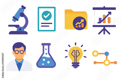 Research Findings flat icons: microscope lens, checkmark document, report folder, graph board, scientist icon, experiment beaker, insight symbol, timeline.