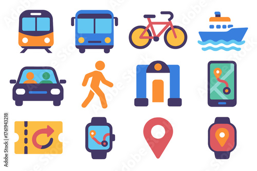 Connected Transit flat icons: train, bus, bicycle, ferry, carpool icon, walking figure, metro gate, GPS map, route line, transfer ticket, smartwatch, location pin.