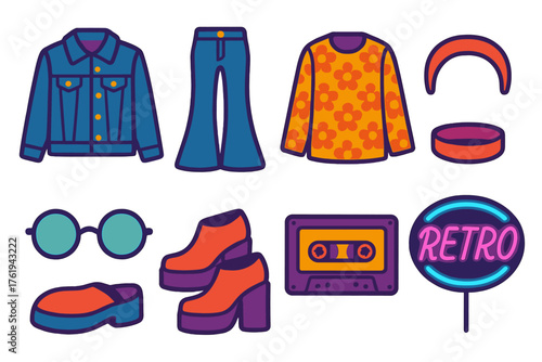 Retro Revival flat icons: denim jacket, flare jeans, patterned shirt, round glasses, platform shoes, headband, cassette tape, neon sign.
