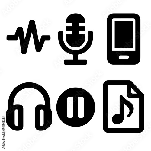Digital Audio silhouette set: sound wave, microphone, smartphone, headphones, pause button, music file.