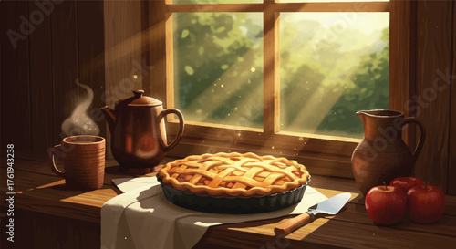 Warm still life of a homemade pie with apples and tea on a wooden table by a sunny window.