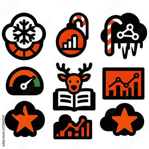 Festive Cloud Monitoring silhouette set: snowflake dashboard, ornament chart, candy cane alert bell, frosty network meter, glowing uptime gauge, reindeer data log, holiday