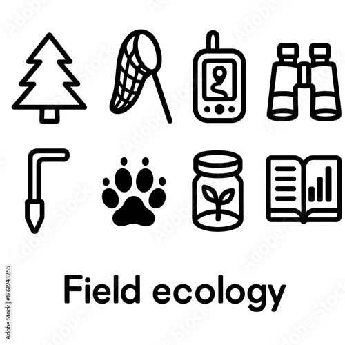 Field Ecology outline icon set: forest tree, insect net, GPS device, binoculars, soil probe, wildlife print, sample jar, data notebook.