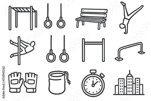 Street Workout set of icons in doodle hand-drawn vector style: monkey bars, pull-up rings, park bench, handstand pose, flagpole move, gymnastic rings, bar grips, outdoor rail,