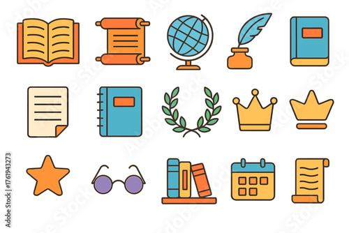 Encyclopedia flat icons: open book, scroll, globe, feather, quill, ink pot, document, notebook, laurel wreath, crown, star, glasses, bookshelf, calendar, parchment, paper stack.