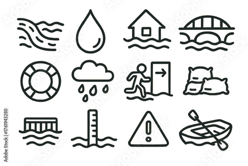 Floods set of icons in doodle hand-drawn vector style: river overflow, water droplet, submerged house, bridge, life buoy, rain cloud, evacuation sign, sandbags, storm drain, flood