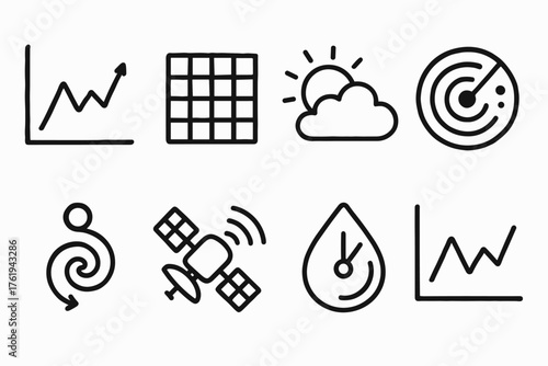 Weather Analytics set of icons in doodle hand-drawn vector style: line chart, data grid, sun and cloud, radar icon, storm path, satellite signal, humidity meter, time series graph.